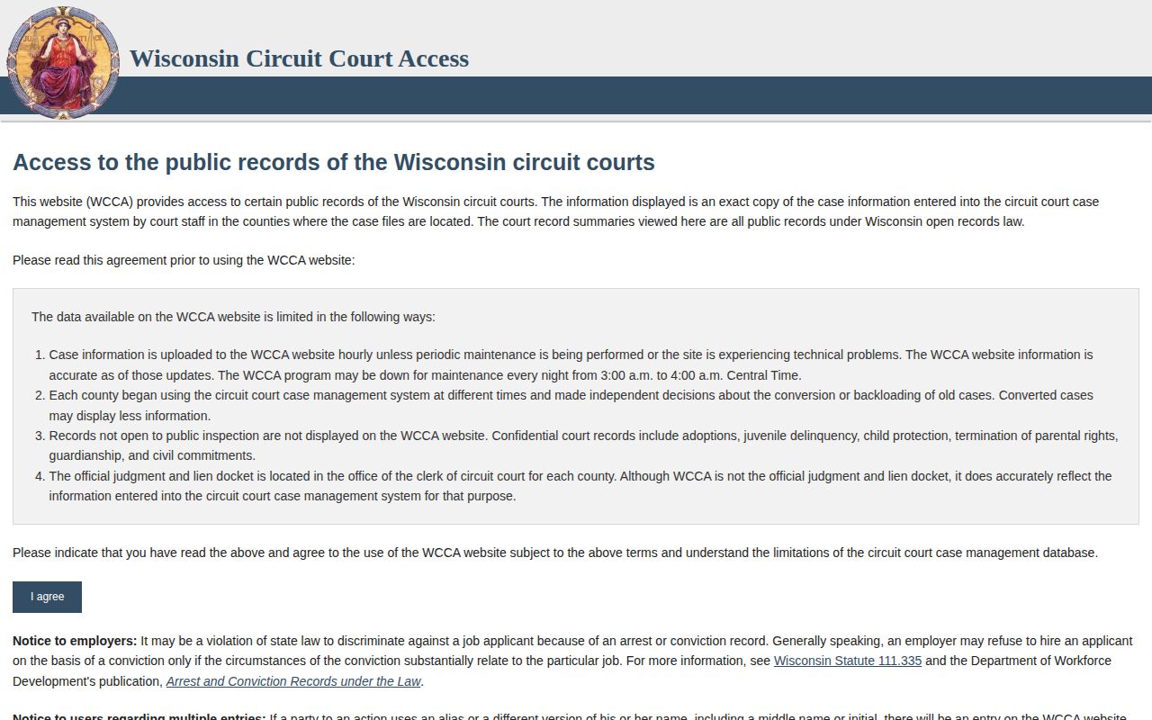 Wisconsin Circuit Court Access for Iowa County arrest record disposition lookup